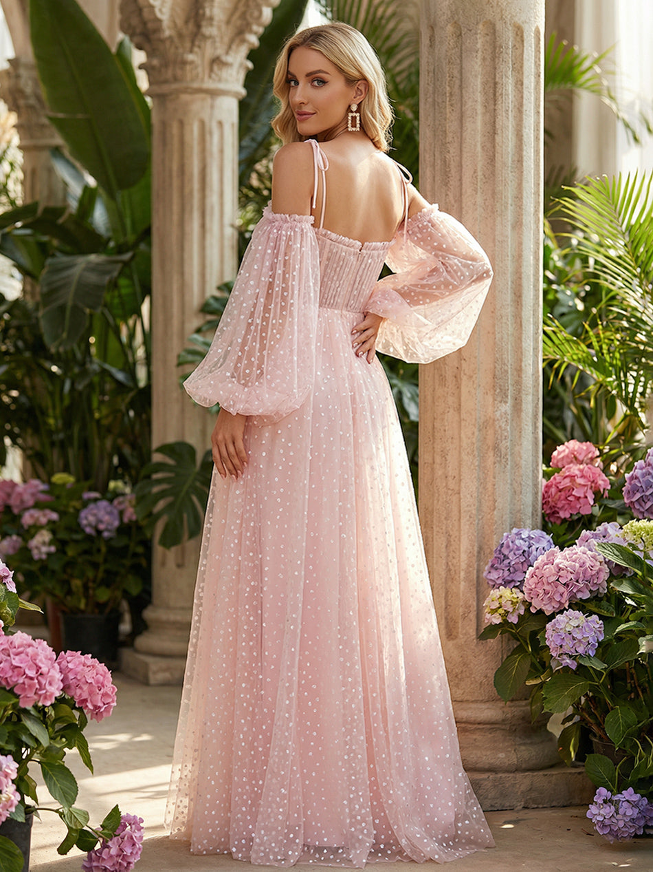 Tulle Spaghetti Straps Corset Long Sleeves Prom Dresses