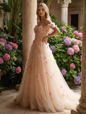 Tulle Corset Off the Shoulder 3D Flower Prom Dresses