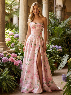 Corset Sweetheart Floral Prom Dresses with Slit