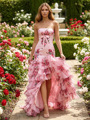 Layered Chiffon Cut Out Strapless Corset Prom Dresses