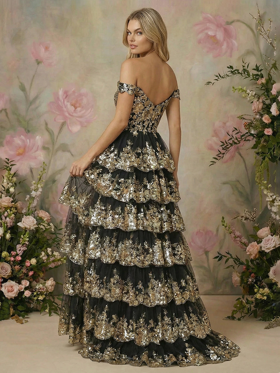 Layered Off the Shoulder Lace Appliques Tulle Corset Evening Dresses