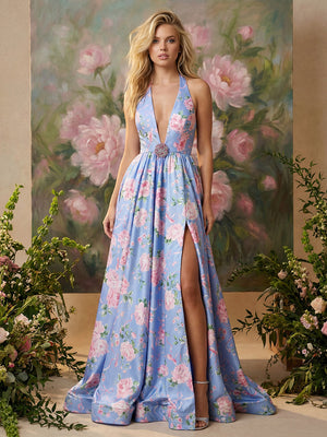 V Neck Floral Side Slit Corset Prom Dresses