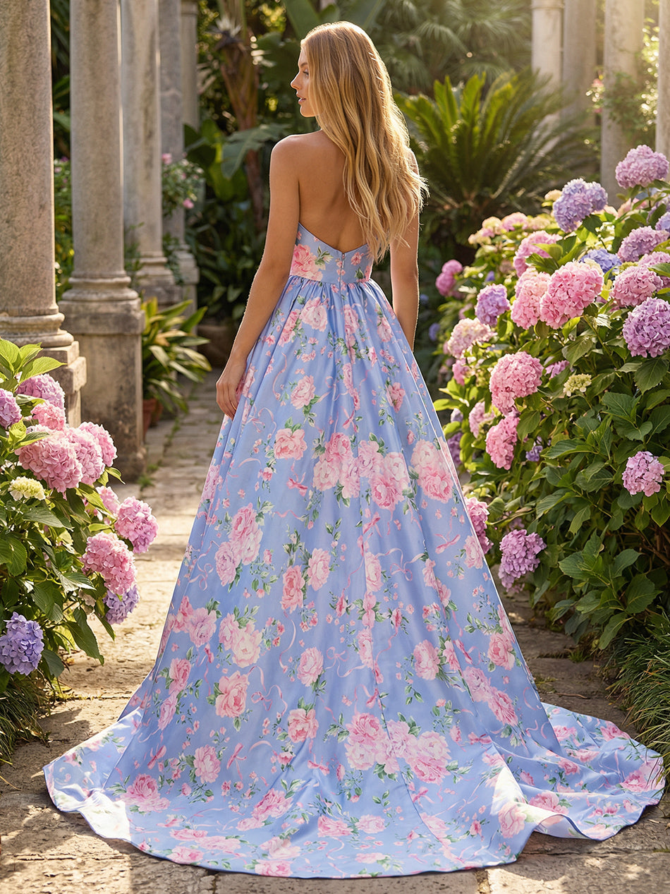 V Neck Floral Side Slit Corset Prom Dresses