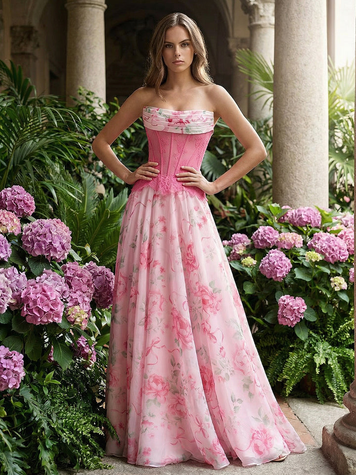 Strapless Floral Lace Evening Dresses A Line Formal Party Gowns for Women