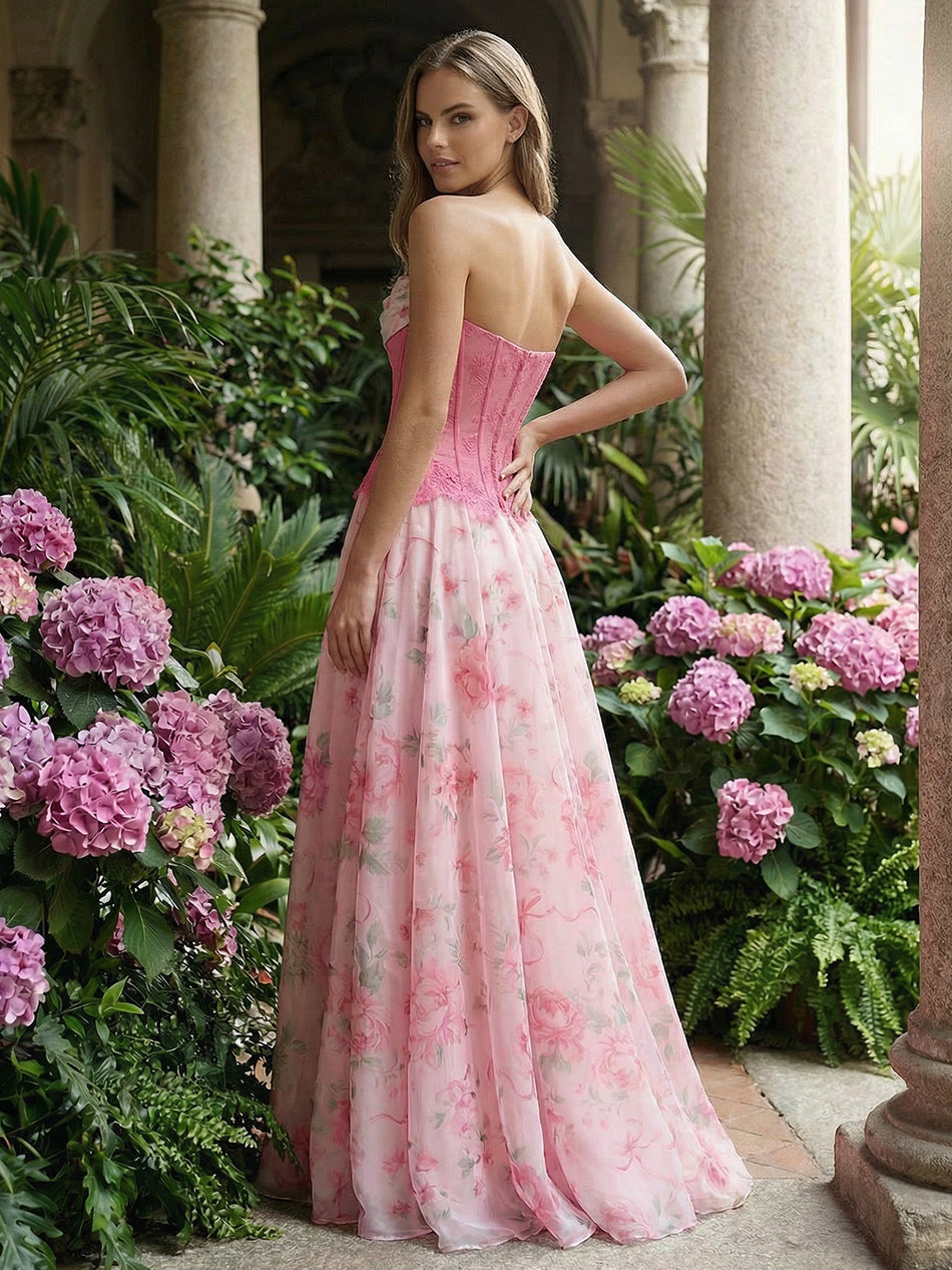 Layered Strapless Floral Corset Prom Dresses