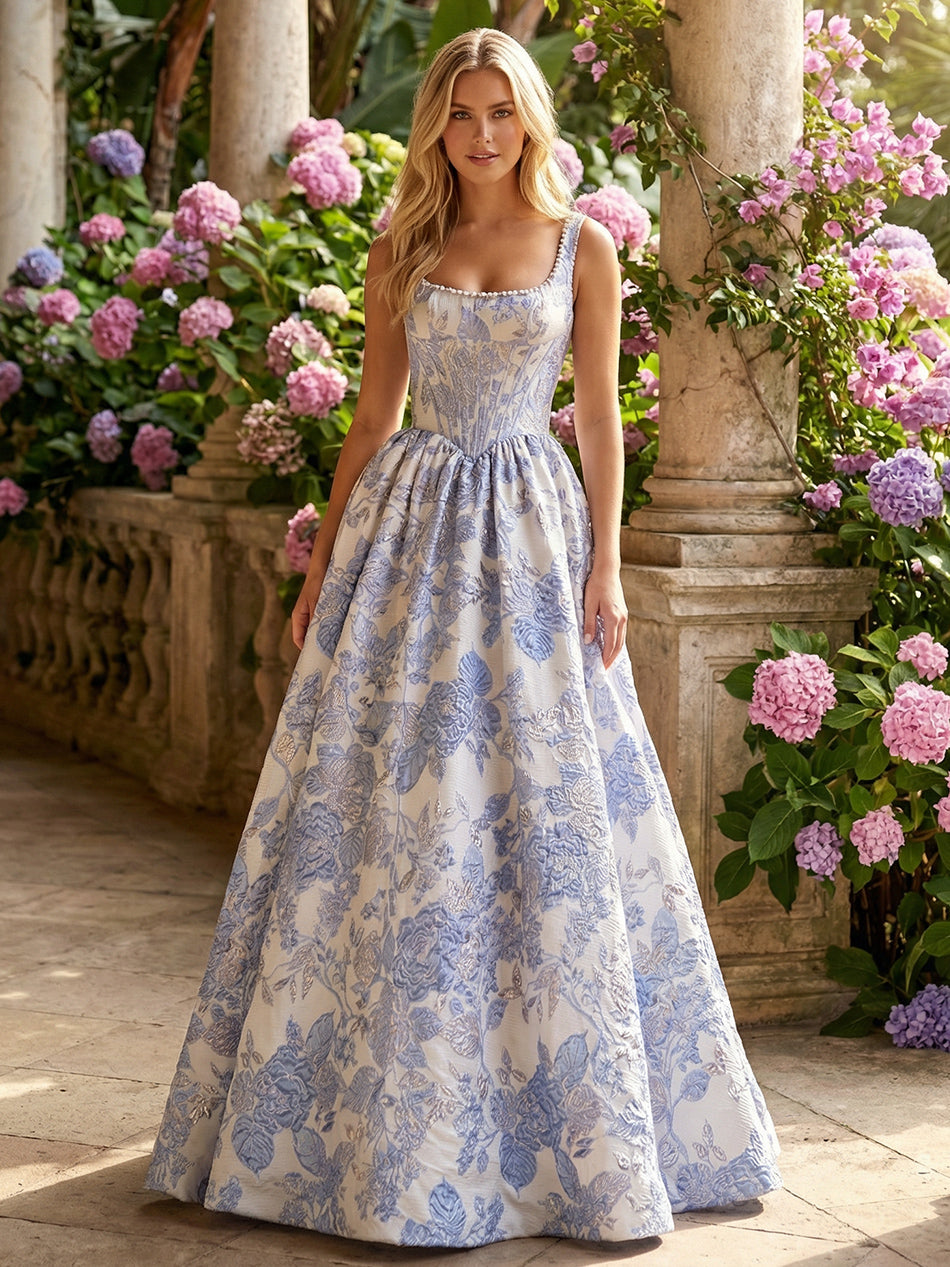 Square Neck Corset Pleated Floral Prom Dresses