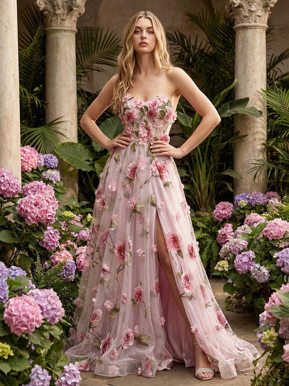 Tulle Flower Embroidered Strapless Corset Prom Dresses