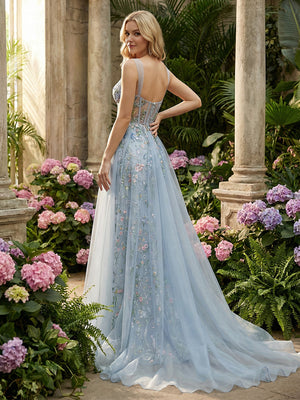 Tulle Flower Embroidered Corset Prom Dresses with Slit