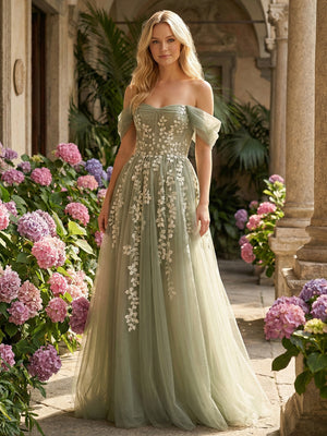 Tulle Flower Embroidered Off the Shoulder Corset Prom Dresses