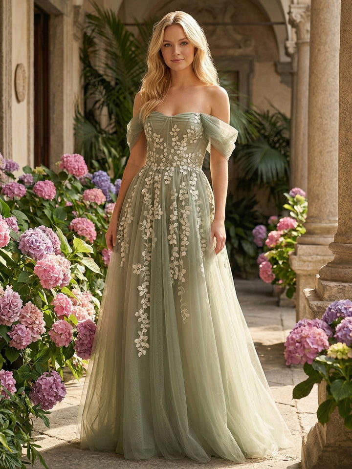 Tulle Flower Embroidered Off the Shoulder Corset Evening Dresses