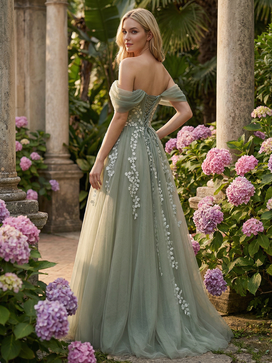 Tulle Flower Embroidered Off the Shoulder Corset Evening Dresses