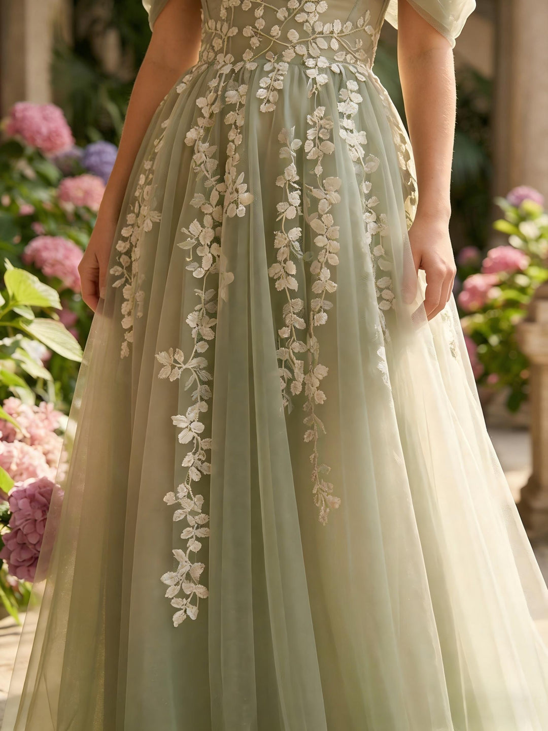 Tulle Flower Embroidered Off the Shoulder Corset Evening Dresses