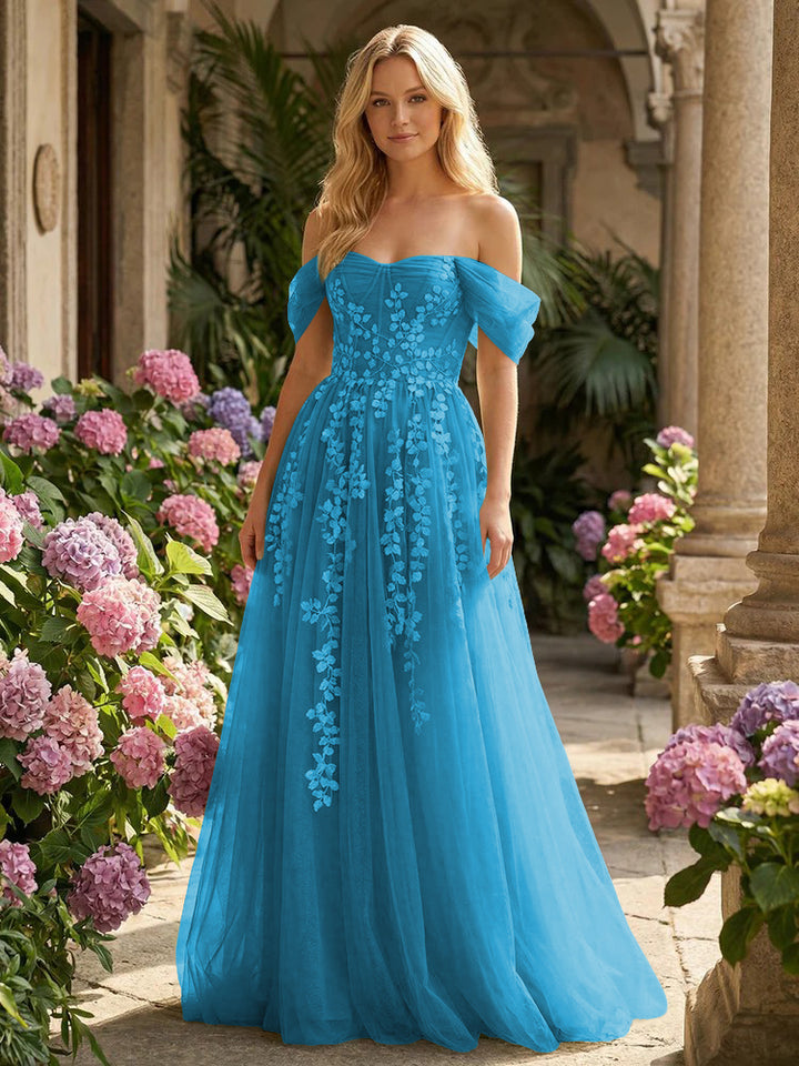 Tulle Flower Embroidered Off the Shoulder Corset Evening Dresses