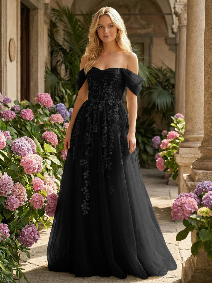 Tulle Flower Embroidered Off the Shoulder Corset Evening Dresses
