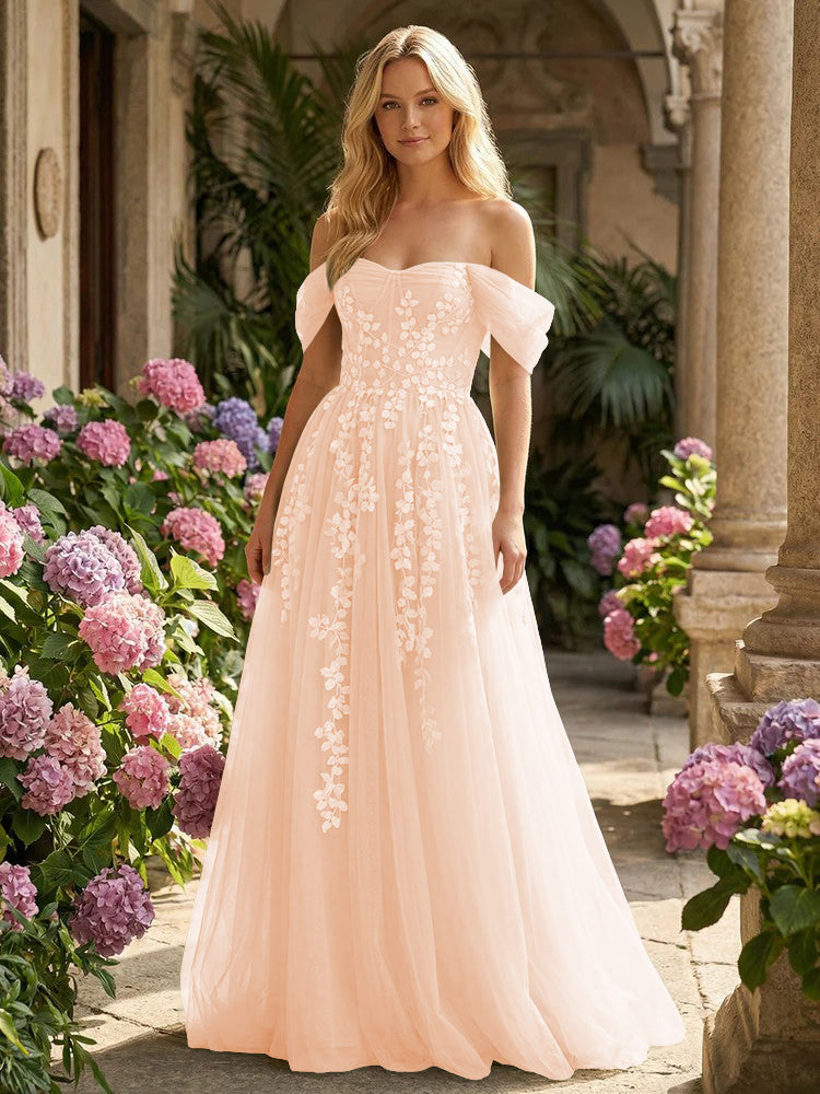 Tulle Flower Embroidered Off the Shoulder Corset Evening Dresses