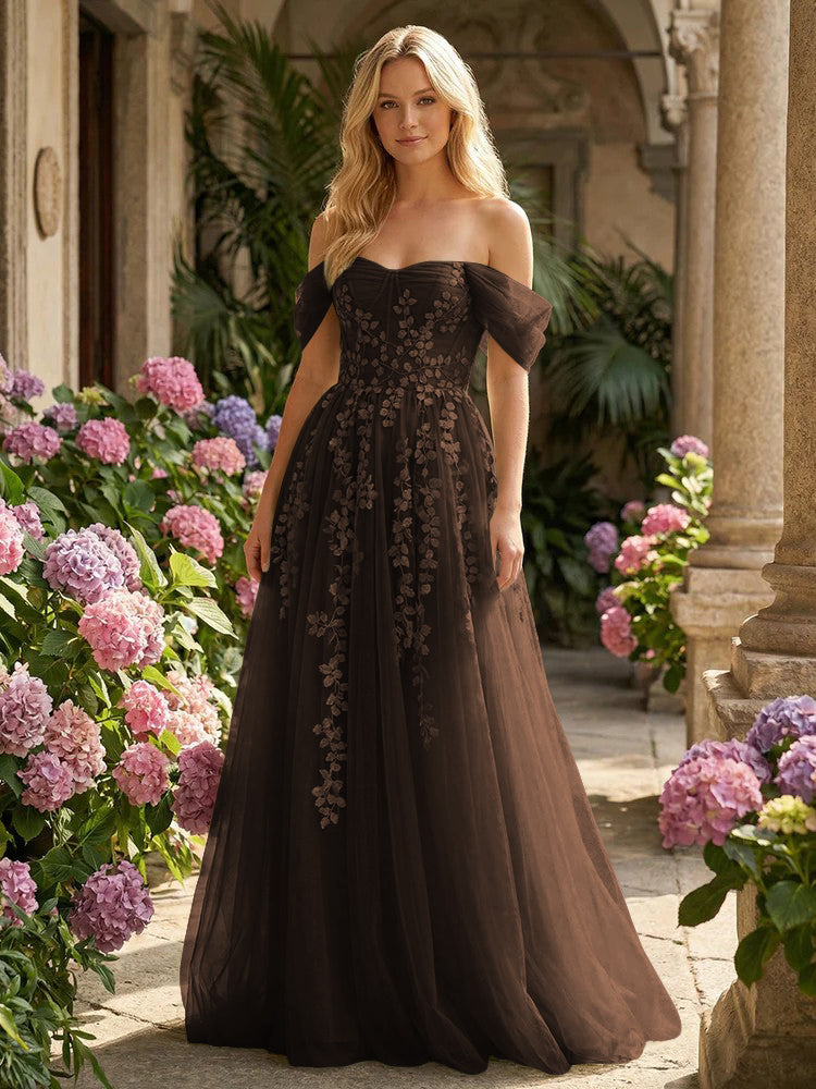 Tulle Flower Embroidered Off the Shoulder Corset Evening Dresses
