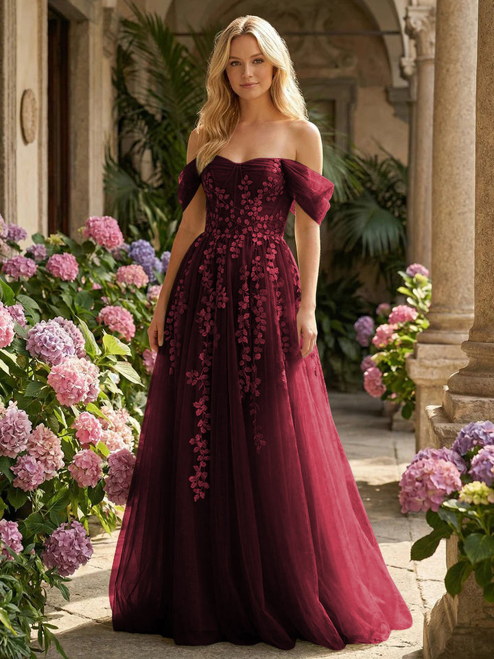 Tulle Flower Embroidered Off the Shoulder Corset Evening Dresses