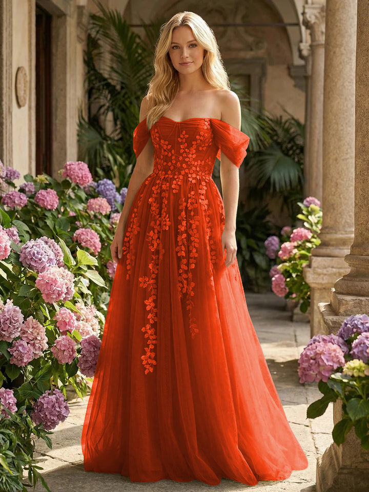 Tulle Flower Embroidered Off the Shoulder Corset Evening Dresses