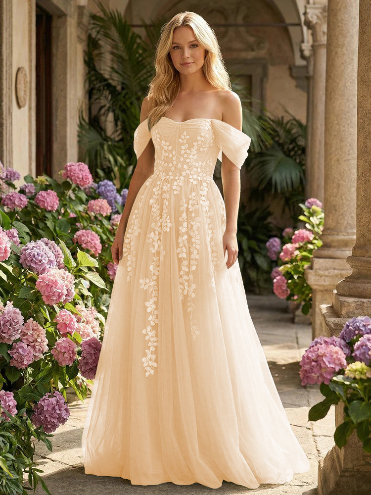 Tulle Flower Embroidered Off the Shoulder Corset Evening Dresses