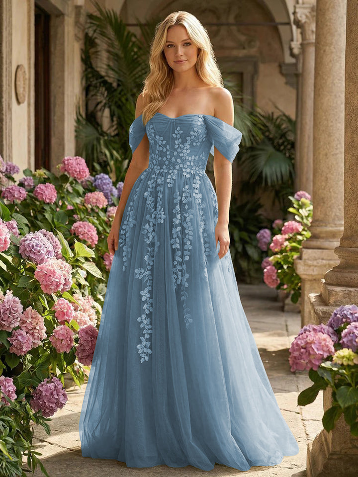 Tulle Flower Embroidered Off the Shoulder Corset Evening Dresses