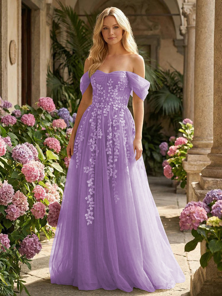 Tulle Flower Embroidered Off the Shoulder Corset Evening Dresses