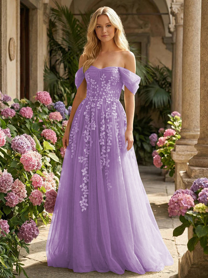 Tulle Flower Embroidered Off the Shoulder Corset Evening Dresses