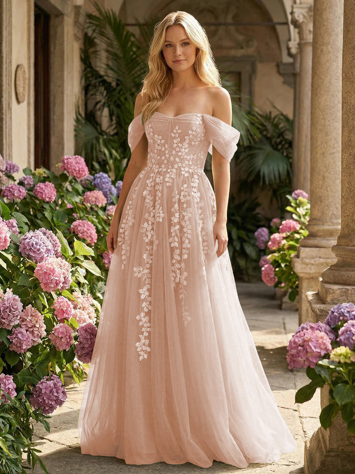 Tulle Flower Embroidered Off the Shoulder Corset Evening Dresses