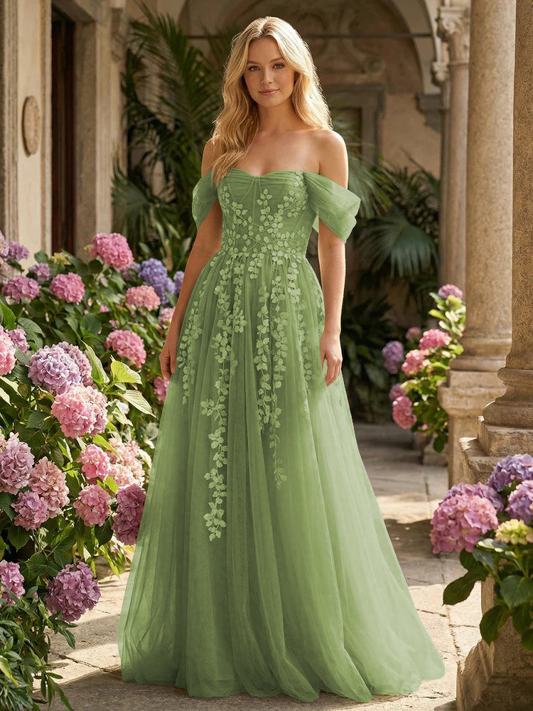 Tulle Flower Embroidered Off the Shoulder Corset Evening Dresses