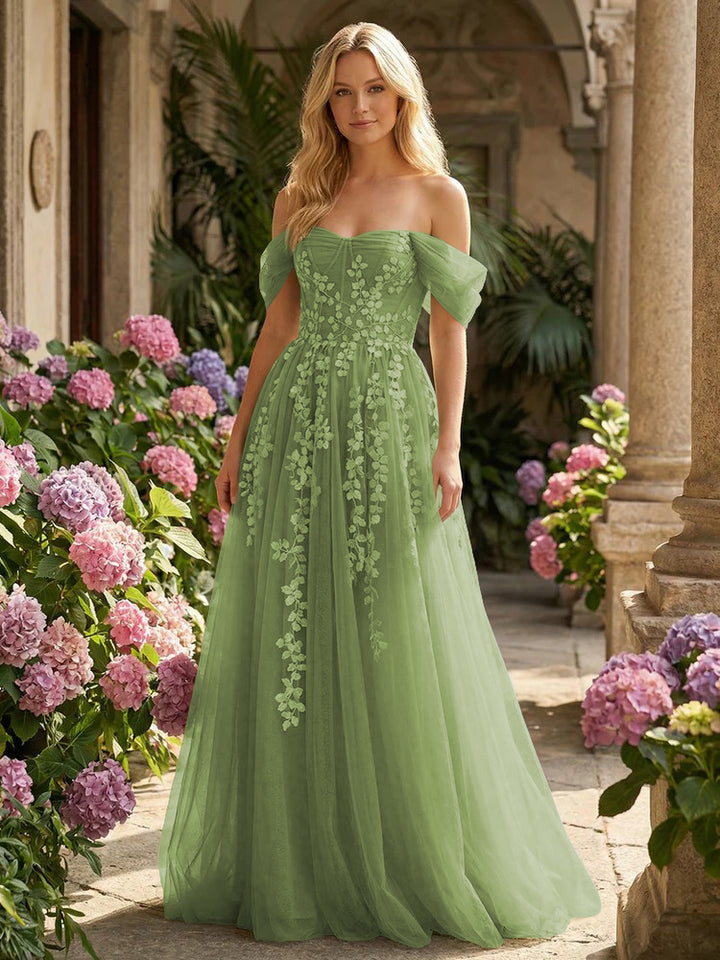 Tulle Flower Embroidered Off the Shoulder Corset Evening Dresses