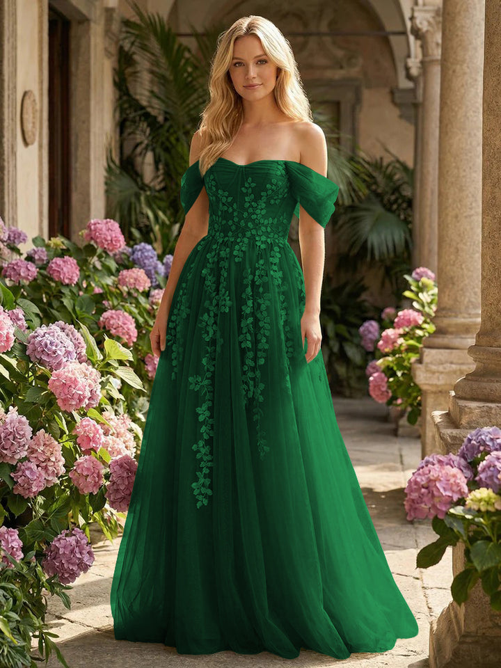 Tulle Flower Embroidered Off the Shoulder Corset Evening Dresses