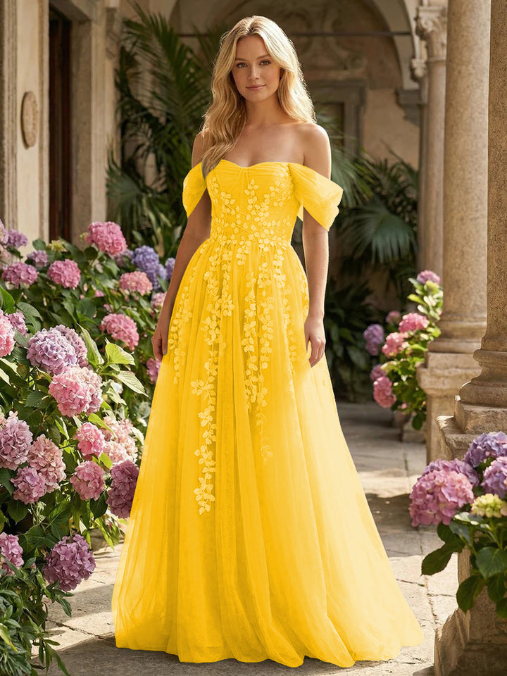 Tulle Flower Embroidered Off the Shoulder Corset Evening Dresses