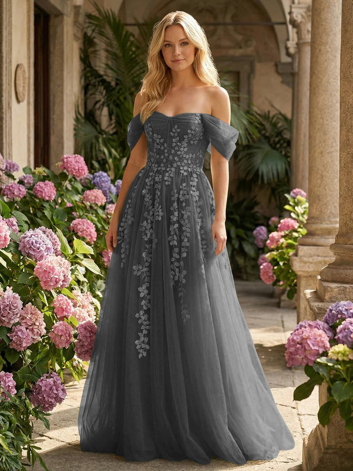 Tulle Flower Embroidered Off the Shoulder Corset Evening Dresses