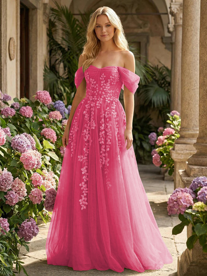Tulle Flower Embroidered Off the Shoulder Corset Evening Dresses