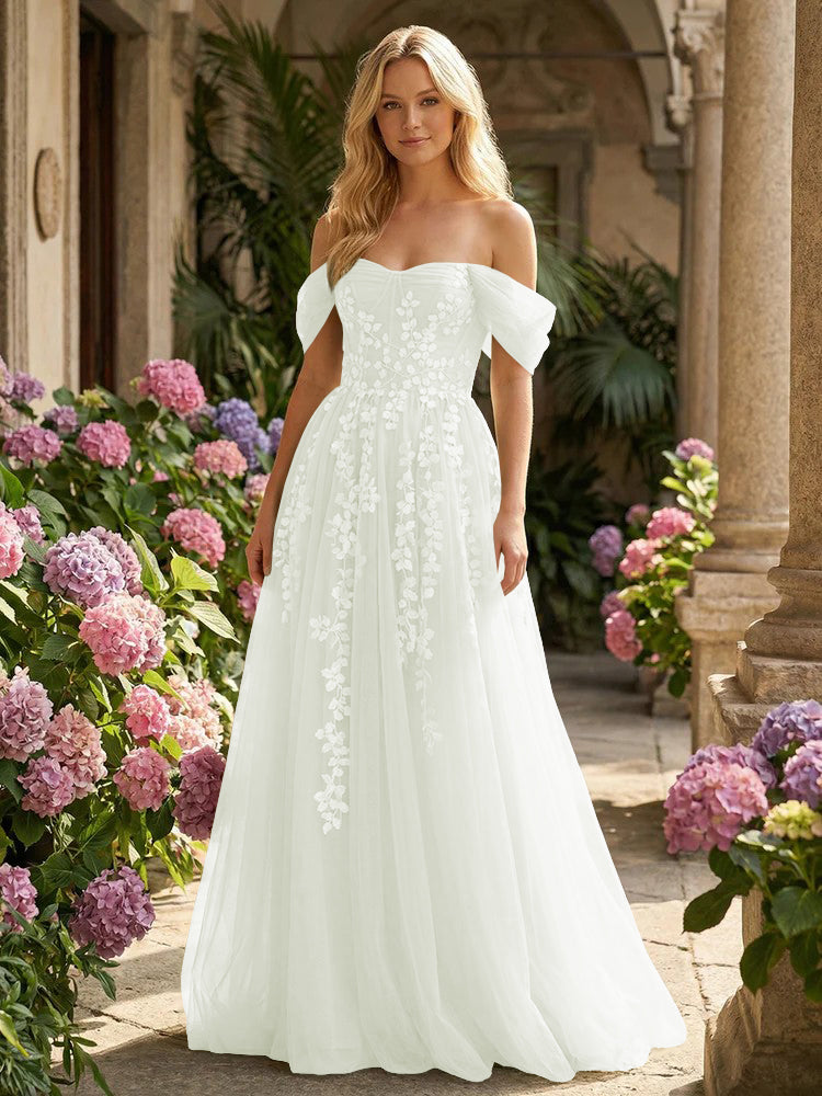 Tulle Flower Embroidered Off the Shoulder Corset Evening Dresses