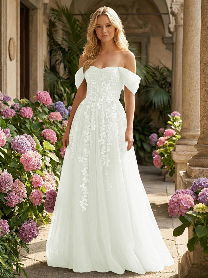 Tulle Flower Embroidered Off the Shoulder Corset Evening Dresses