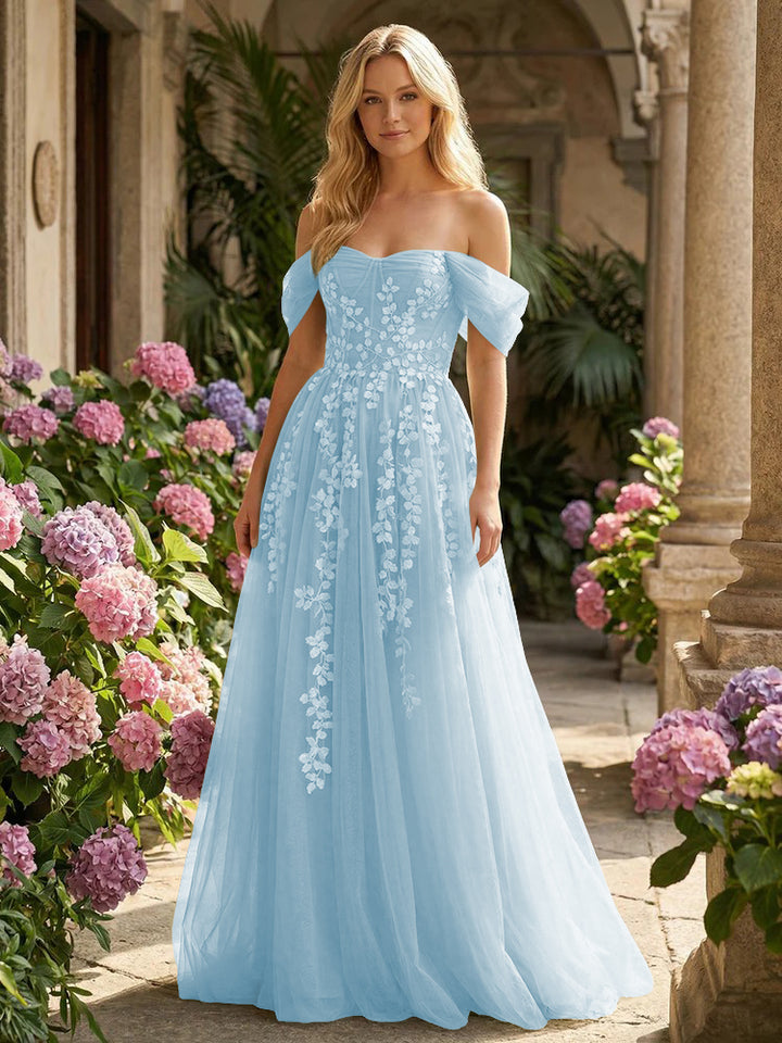 Tulle Flower Embroidered Off the Shoulder Corset Evening Dresses