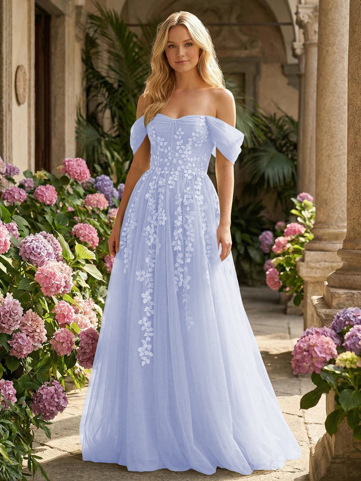 Tulle Flower Embroidered Off the Shoulder Corset Evening Dresses