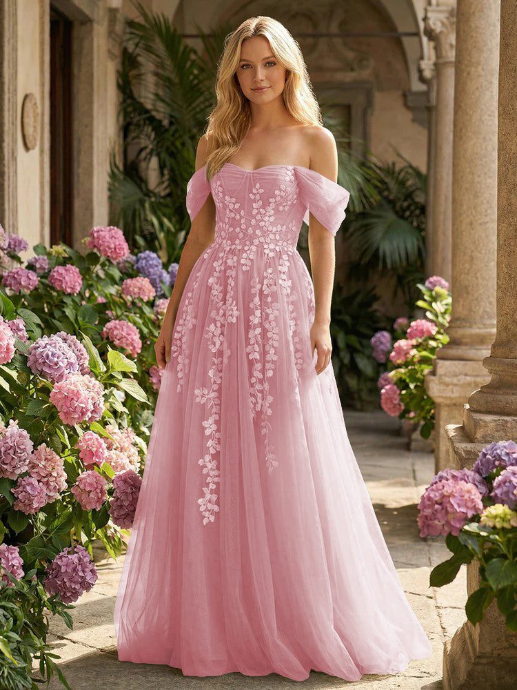 Tulle Flower Embroidered Off the Shoulder Corset Evening Dresses