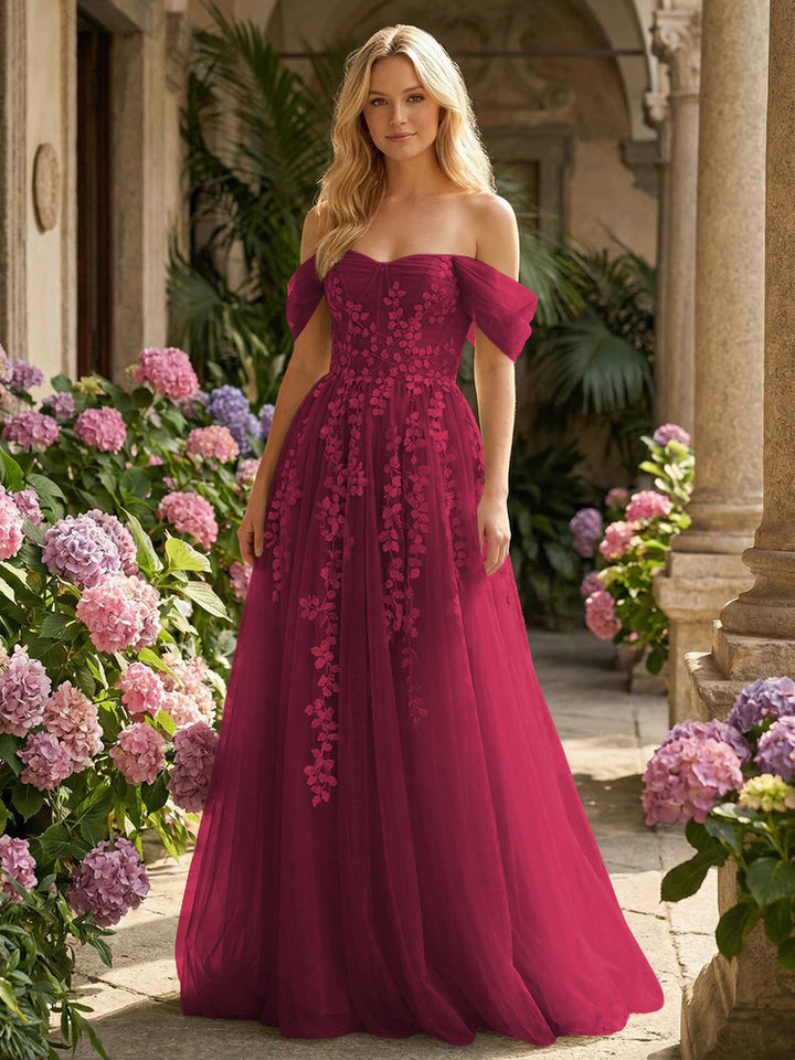 Tulle Flower Embroidered Off the Shoulder Corset Evening Dresses