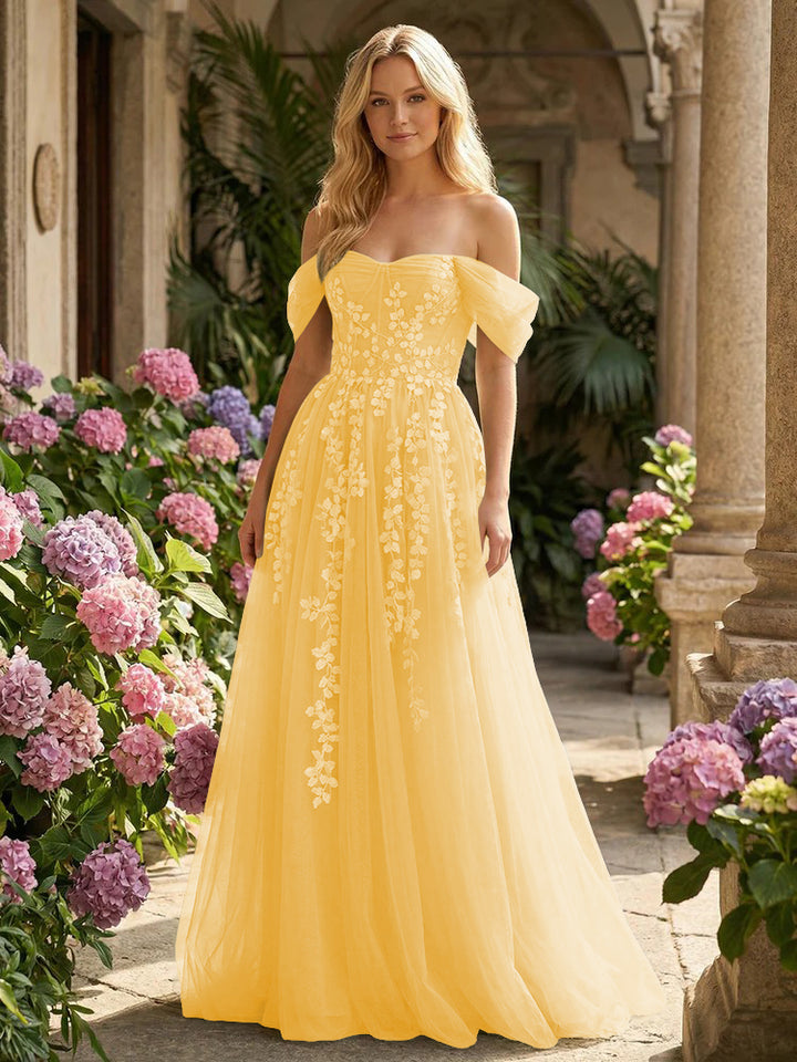 Tulle Flower Embroidered Off the Shoulder Corset Evening Dresses
