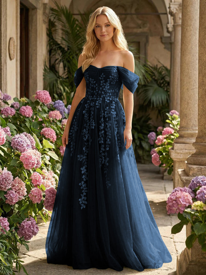 Tulle Flower Embroidered Off the Shoulder Corset Evening Dresses