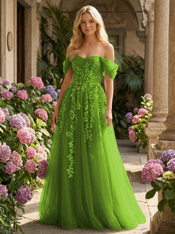 Tulle Flower Embroidered Off the Shoulder Corset Evening Dresses