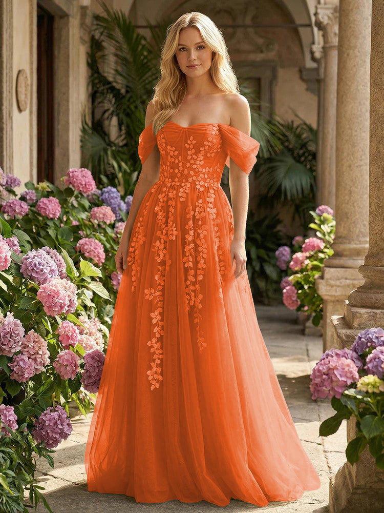 Tulle Flower Embroidered Off the Shoulder Corset Evening Dresses