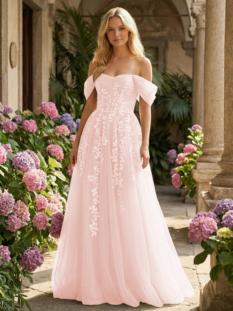 Tulle Flower Embroidered Off the Shoulder Corset Evening Dresses