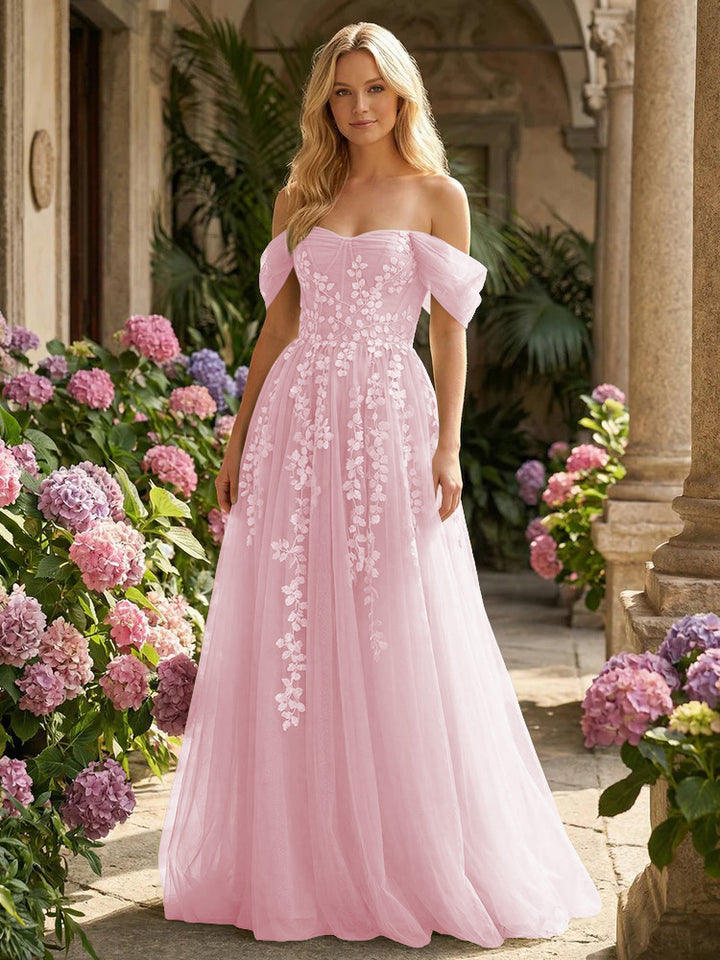 Tulle Flower Embroidered Off the Shoulder Corset Evening Dresses