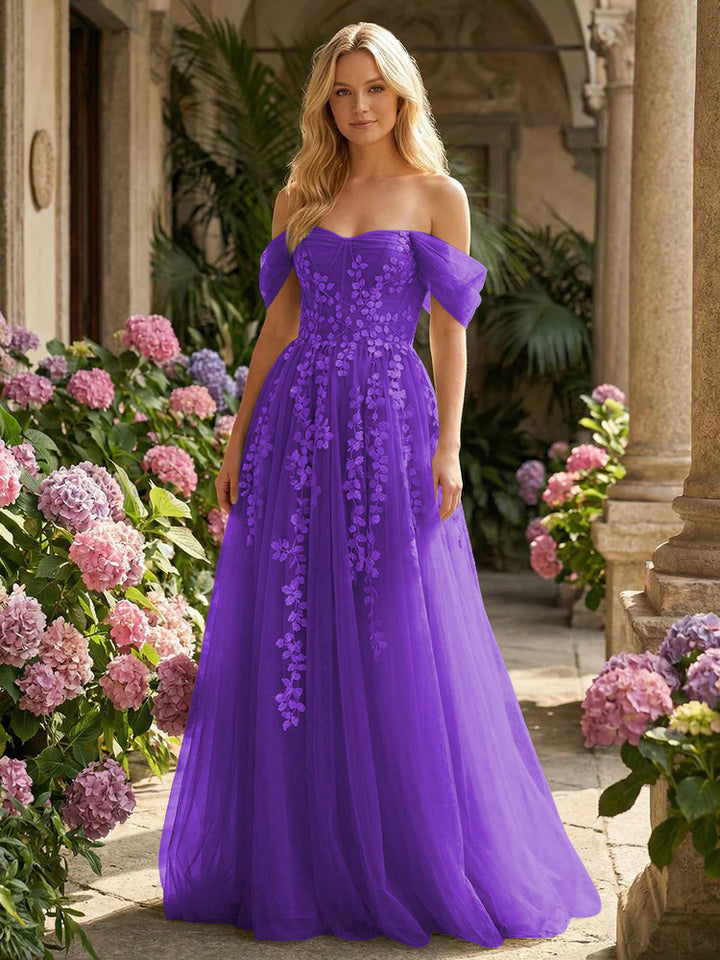 Tulle Flower Embroidered Off the Shoulder Corset Evening Dresses