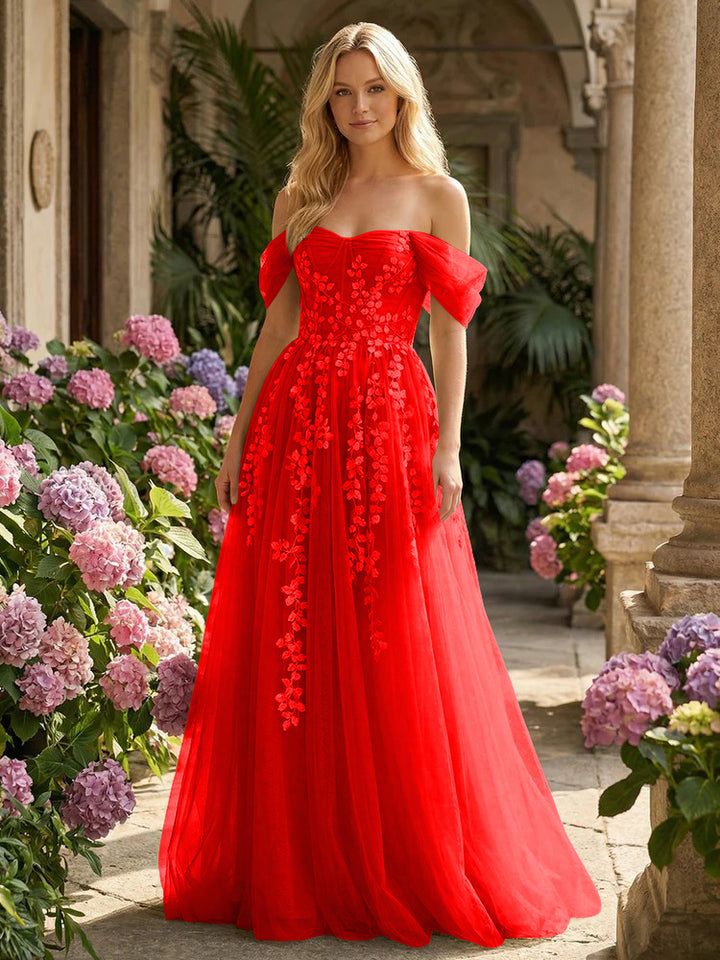 Tulle Flower Embroidered Off the Shoulder Corset Evening Dresses