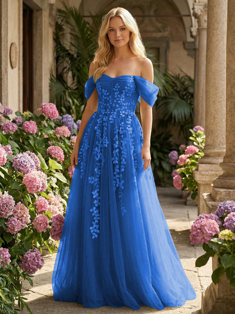 Tulle Flower Embroidered Off the Shoulder Corset Evening Dresses
