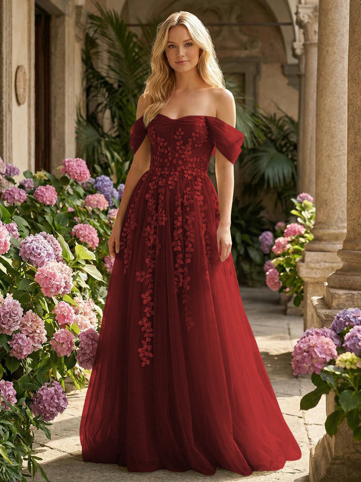 Tulle Flower Embroidered Off the Shoulder Corset Evening Dresses