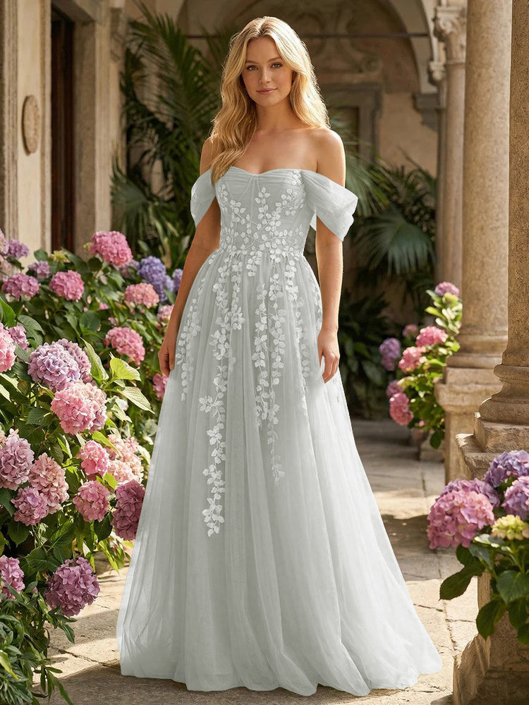 Tulle Flower Embroidered Off the Shoulder Corset Evening Dresses